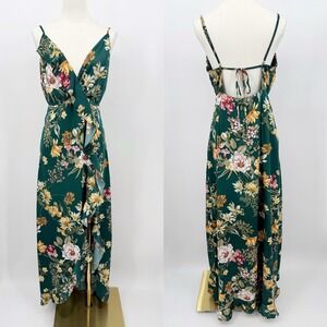 Sweet Lemon Green Floral Ruffle Maxi Dress M Summer Romantic Garden Party Resort